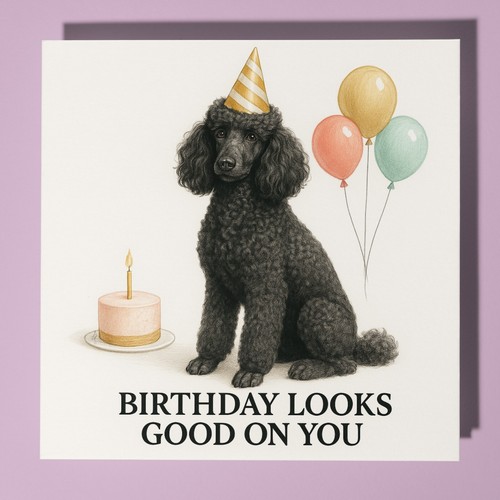 Black poodle birthday card - black,
