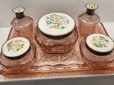 Vintage 1950s Pink Glass Dressing Table Set 5 piece plus tray. 10in by 7in tray