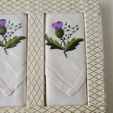 Vintage Pure Linen Embroidered Napkins Thistle Set of 4 New Unused In Box 11"
