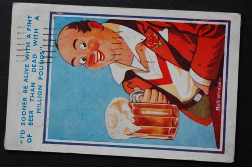Comic humour man with beer - with,