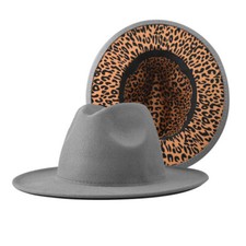 Womens Mens Felt Fedora Hat with Leopard Print Wide Brim Jazz Church Panama Cap
