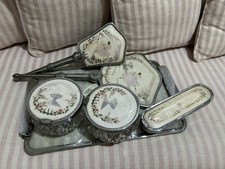 Vintage Embroidered Vanity Dressing Table Set mirror tray glass lidded pots Etc
