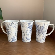 3 x LAURA ASHLEY Tuileries Mugs Blue & White floral Bone China Large Tall Latte
