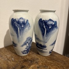 Vintage Chinese porcelain vases 20th c, blue and white hand painted 6 inch