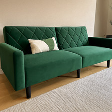 Velvet 2 Seater Convertible Sofa Bed Green Modern Compact Lounge Couch Living