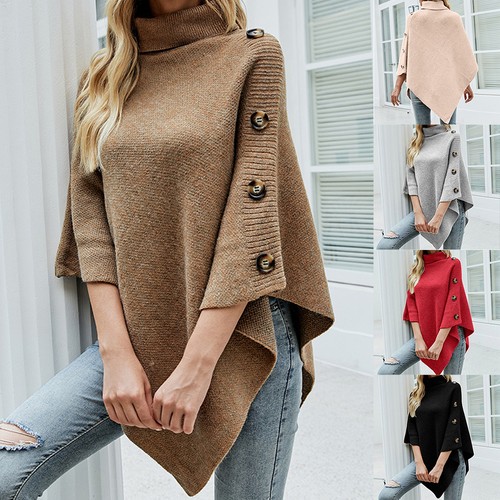 Women knitted high neck poncho - knitted,