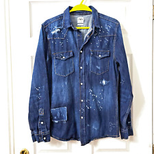 Men’s Zara Denim Over Shirt/Jacket Blue M Relaxed Fit Paint Splatter Distressed