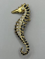 Gold Tone Seahorse Brooch With Black Enamel And Clear Rhinestones