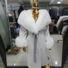 Real Fur Coat Winter Women Fox Fur Collar Cuffs Cashmere Wool Blend Long Coat