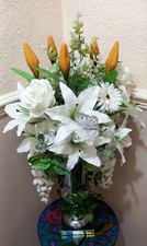 ⚜️?IVORY ARTIFICIAL SILK FLOWER ARRANGEMENT IN SILVER METAL VASE?⚜️