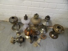 Job Lot Of Old Glass & Metal Oil Lamps, Burners & Parts