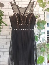 Warehouse Spotlight Black Studded Chiffon, Pleated, Skater Dress Size 10-12
