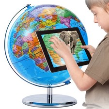 3D AR Metal Large World Globe on Stand W/ USB Light 360° Illuminated Night Lamp