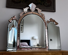 1960s Vintage Venetian Etched & Cut Glass Dressing Table Mirror Triptych, Peach