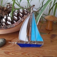 Vintage Stained Glass Sail Boat Tea Light Holder Blue White