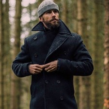 Mens Black Pea Coat 100% Wool