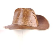 Vintage Hand Made Leather Fedora Style Hat - Leather Stitches 