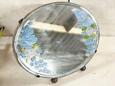 ANTIQUE DRESSER STANDING MIRROR ROUND WITH ENAMEL PAINTED FLORAL DESIGN VINTAGE