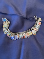 Vintage Silver Travel Shield Charms Bracelet with 30 + Silver Charms In Case