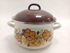 Vintage Enamel Cooking Pot with Lid Floral Design Retro Kitchenware