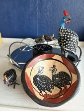 Guinea Fowl Flock, Wooden Bowl, Wooden Ornament And 3 Vintage Seed pod Birds