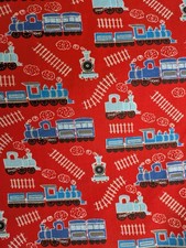 Red Cotton Fabric Train Print