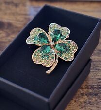 Lucky 4 Leaf Clover, Shamrock brooch . Green stones. Ideal Gift