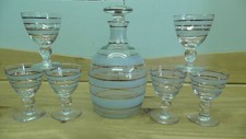 Vintage 1950s Lemonade Set With Blue, Silver Stripes Jug, Decanter & 6 Tumblers