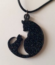 Handmade Resin Necklace Black Cat and Kitten Multicoloured Glitter
