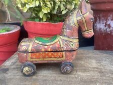 Antique Wooden Old Hand Crafted Horse On Wheels Rare Painted Horse Box Figurine