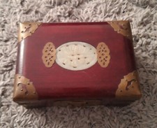 Vintage Wooden Metal Bound Jewellery Box with'Jade' insert