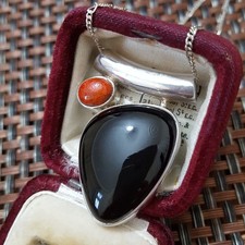 Vintage 925 Sterling Silver Necklace, Black Onyx And Red Coral Pendant, 16" 