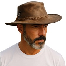 Brown Australian Western Style Foldable Leather Cowboy Hat Distress bush Hat
