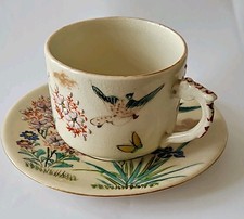 Meiji Floral Birds Satsuma Tea Cup and Saucer Raised Moriage Enamel Handpainted 