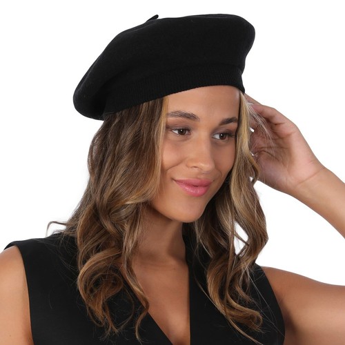 Black wool beret hat classic - black,