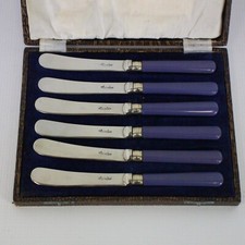 Stainless Steel 6x Butter Knife Boxed Set w/Purple/Blue Bakelite Handles - EHB