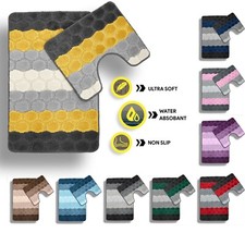 2pc Non Slip Hex Stripe Blue Yellow Grey Luxury Bathroom Bath Pedestal Mat Set