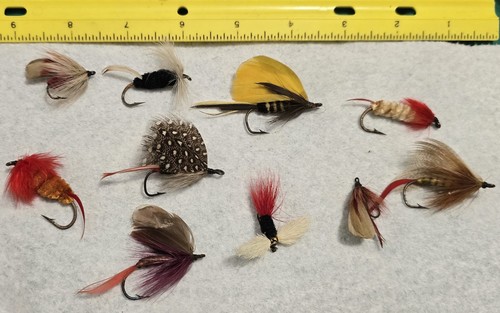Ten antique bass flies - ten,