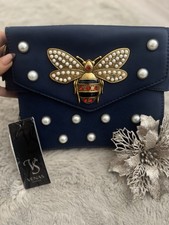 Dark Blue Clutch Bag with Pearl Detail and Gold Bee Detail Perfect for Parties