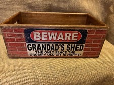 BEWARE GRANDAD’s SHED STORAGE CRATE MADE FROM RECLAIMED TIMBER 30.5x17.5x12cm