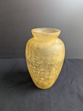 Iridescent yellow mid century glass vase. Chipped ice pattern. 20 cms
