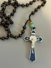large silvertone & deep blue metal Cross Crucifix on rosary bead wood necklace
