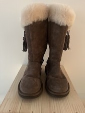 UGG Dark Brown Plumdale Tassel Sheepskin Tall Boot Side Zip Women 6