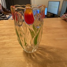 Walther Glass Vase , Raised Tulip Pattern , red , excellent condition. 