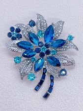 Blue Rhinestone Flower Brooch