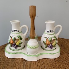 Vintage Ceramic Condiment Cruet Set Salt, Pepper, Oil & Vinegar On Stand Spanish