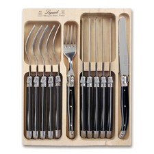 Laguiole Knife and Fork Set, 12 Piece in Wooden Display Box, Black