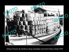 OLD LARGE HISTORIC PHOTO OF ECHUCA VICTORIA GUNBOWER BARGE LOADING WOOL c1910