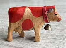 Vintage Trauffer Swiss Cow Hand Carved Wood Folk Art Leather Ears Metal Bell Red