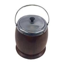 Unbranded Vintage Wooden Biscuit Barrel Bucket Metal Handle Lidded Shield Emblem